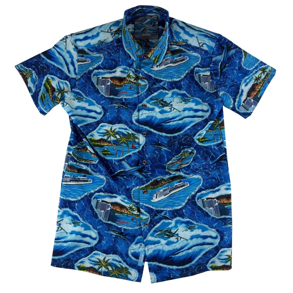 Retro Rifle Button Down Shirt Mens Medium Blue The Goose Fighter Jet Hawaiian